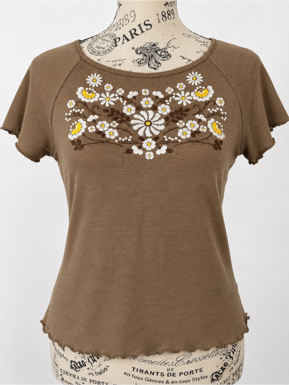 Floral Embroidered Brown Short-Sleeve Women's Top